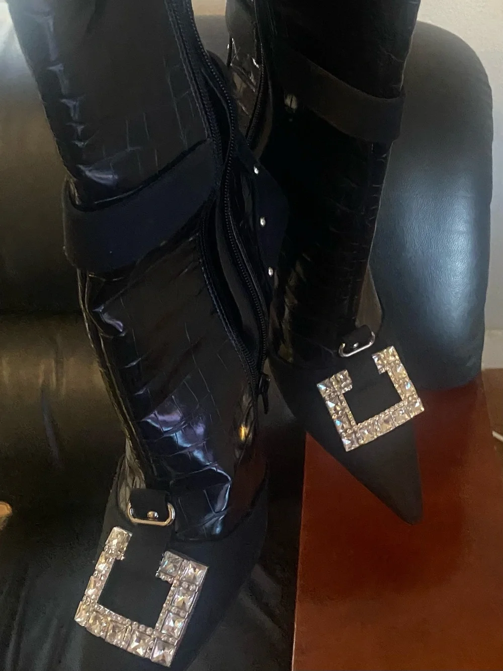Fashion Nova Black Croc-Embossed Over-the-Knee Boot with Crystal Buckle Accent